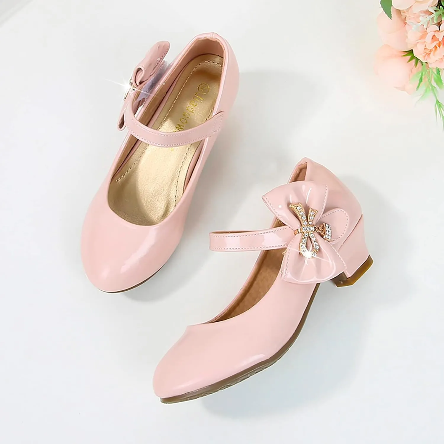 Girls Heels Dress Shoes Mary Jane hinestones Bows Pumps Low Heel Princess Flower Wedding Pary for Toddler Kids