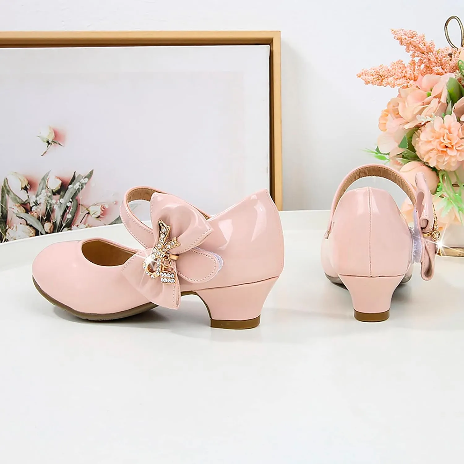 Girls Heels Dress Shoes Mary Jane hinestones Bows Pumps Low Heel Princess Flower Wedding Pary for Toddler Kids