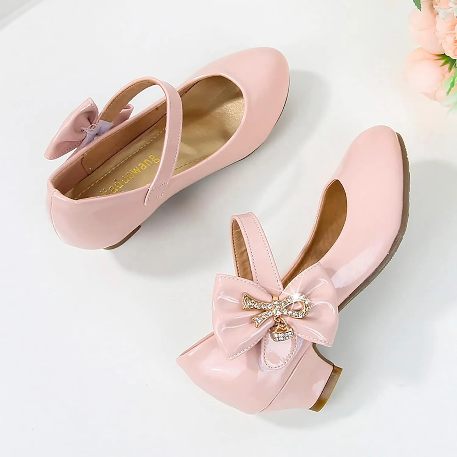 Girls Heels Dress Shoes Mary Jane hinestones Bows Pumps Low Heel Princess Flower Wedding Pary for Toddler Kids