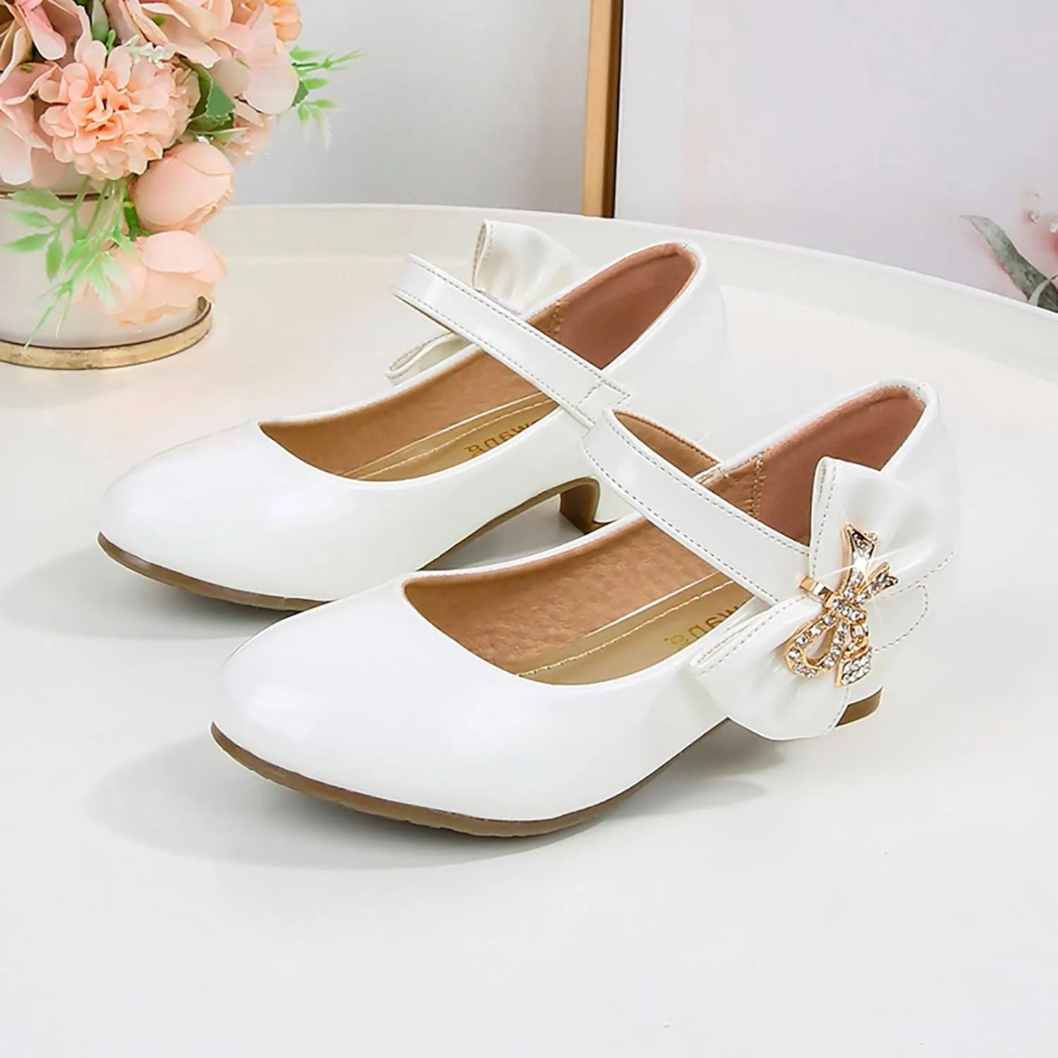 Girls Heels Dress Shoes Mary Jane hinestones Bows Pumps Low Heel Princess Flower Wedding Pary for Toddler Kids