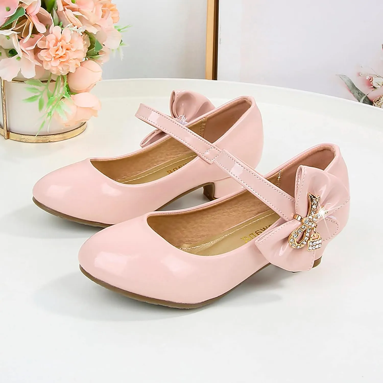 Girls Heels Dress Shoes Mary Jane hinestones Bows Pumps Low Heel Princess Flower Wedding Pary for Toddler Kids