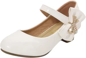 Girls Heels Dress Shoes Mary Jane hinestones Bows Pumps Low Heel Princess Flower Wedding Pary for Toddler Kids