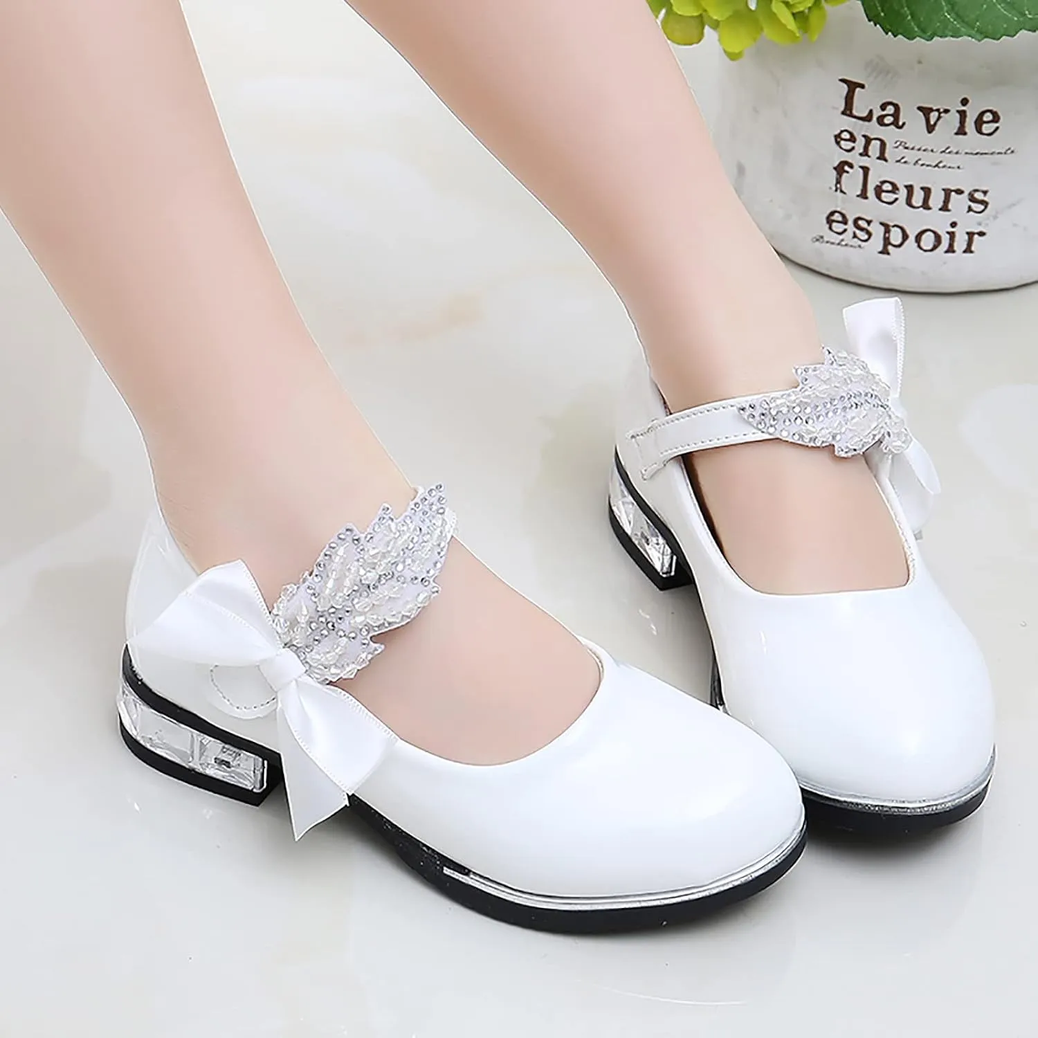 Girls Mary Jane Low Heel Princess Flower Wedding Party Pump Dress Shoes Soft PU Leather Bowknot School Shoes
