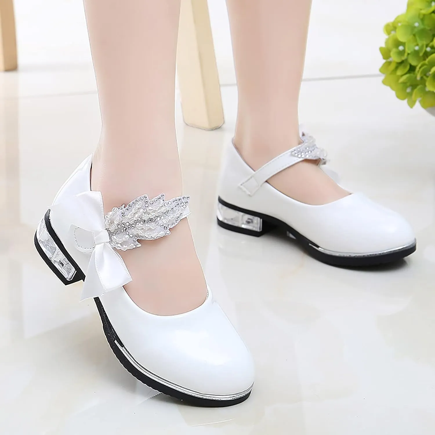 Girls Mary Jane Low Heel Princess Flower Wedding Party Pump Dress Shoes Soft PU Leather Bowknot School Shoes