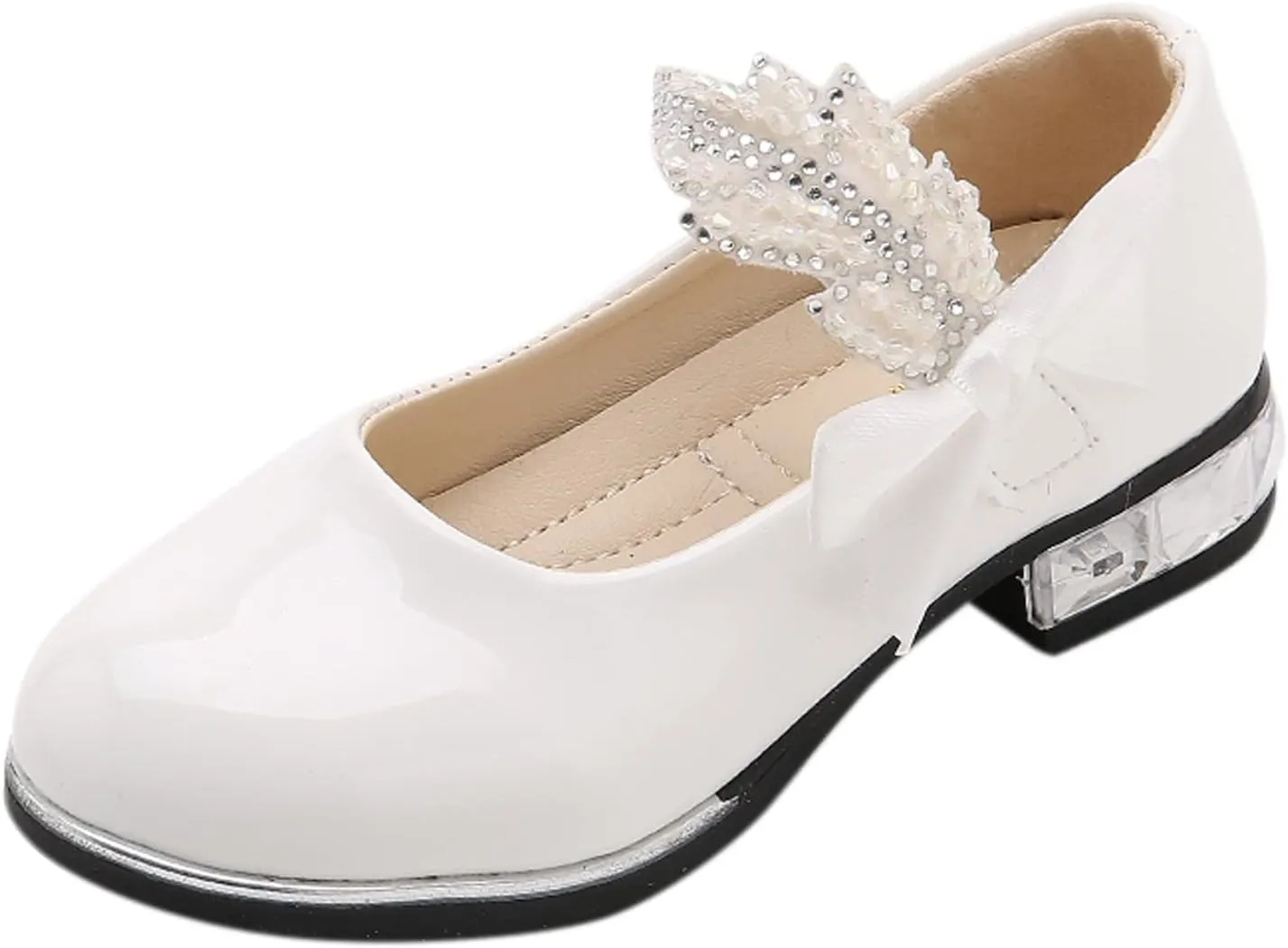 Girls Mary Jane Low Heel Princess Flower Wedding Party Pump Dress Shoes Soft PU Leather Bowknot School Shoes