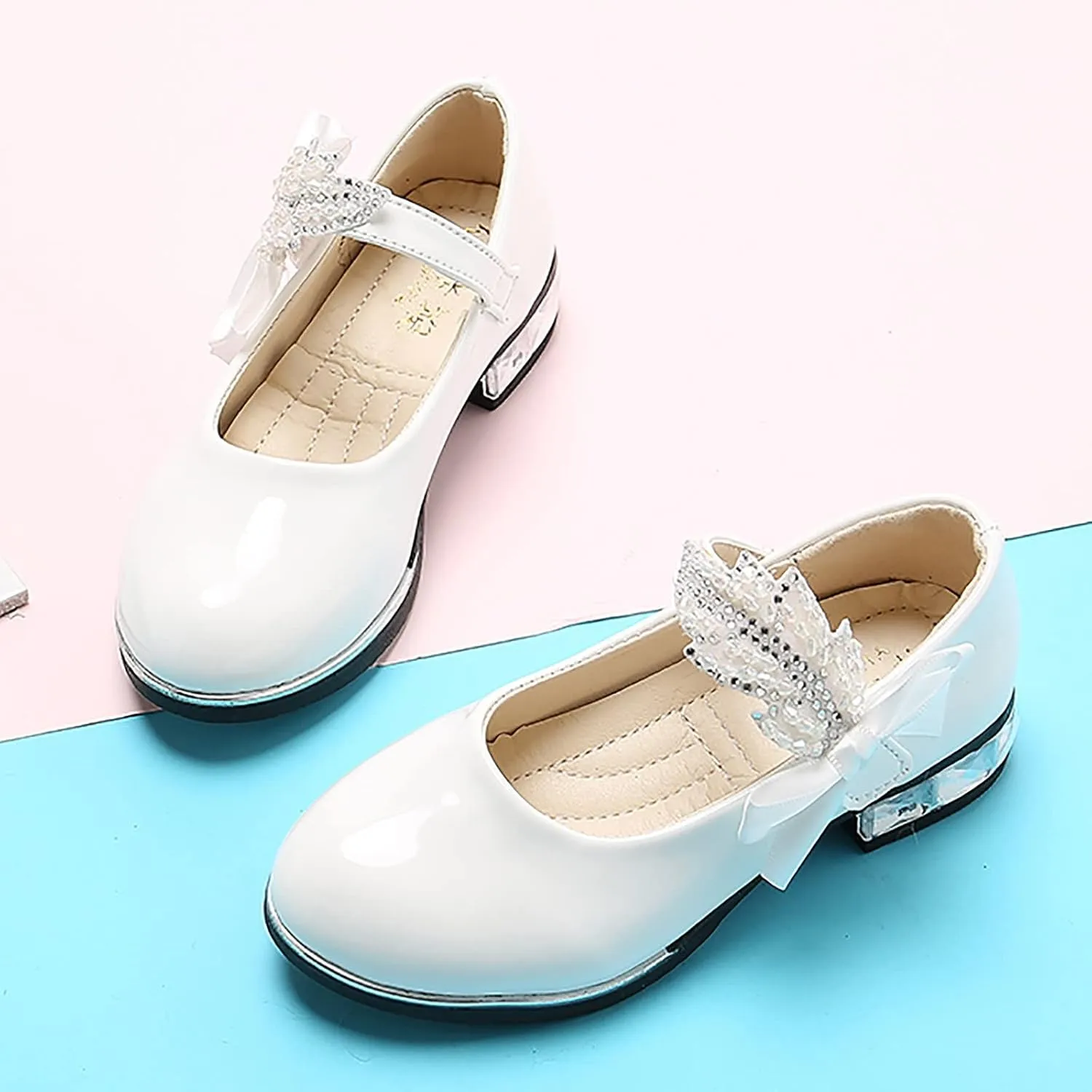 Girls Mary Jane Low Heel Princess Flower Wedding Party Pump Dress Shoes Soft PU Leather Bowknot School Shoes