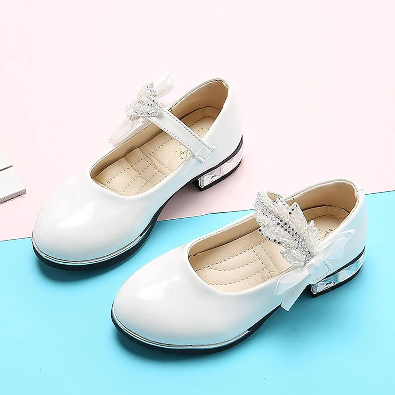 Girls Mary Jane Low Heel Princess Flower Wedding Party Pump Dress Shoes Soft PU Leather Bowknot School Shoes