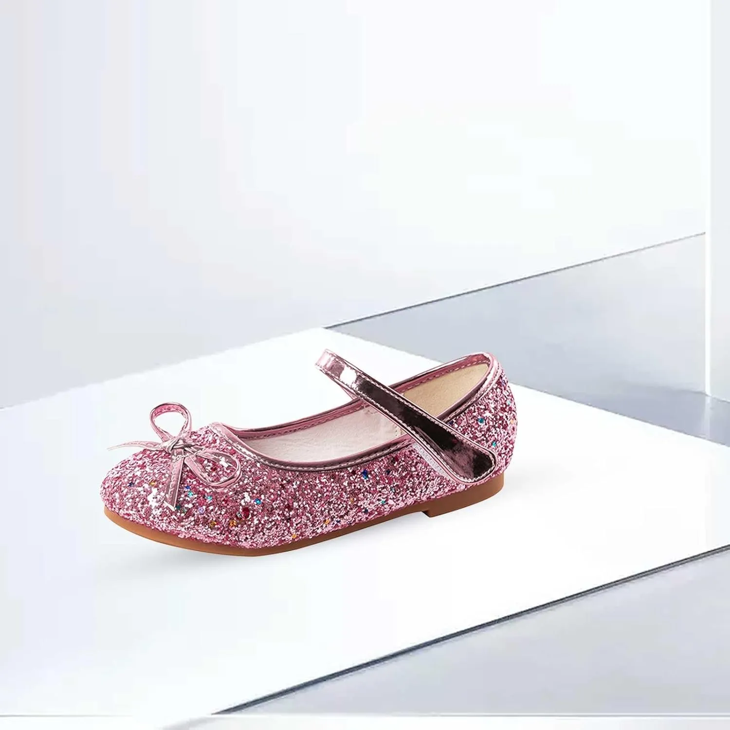 Girls Wedding Party Low Heel Flats Rhinestones Bow Ballet Glitter Mary Jane Shoes Shining Ankle Strap Flower Shoes