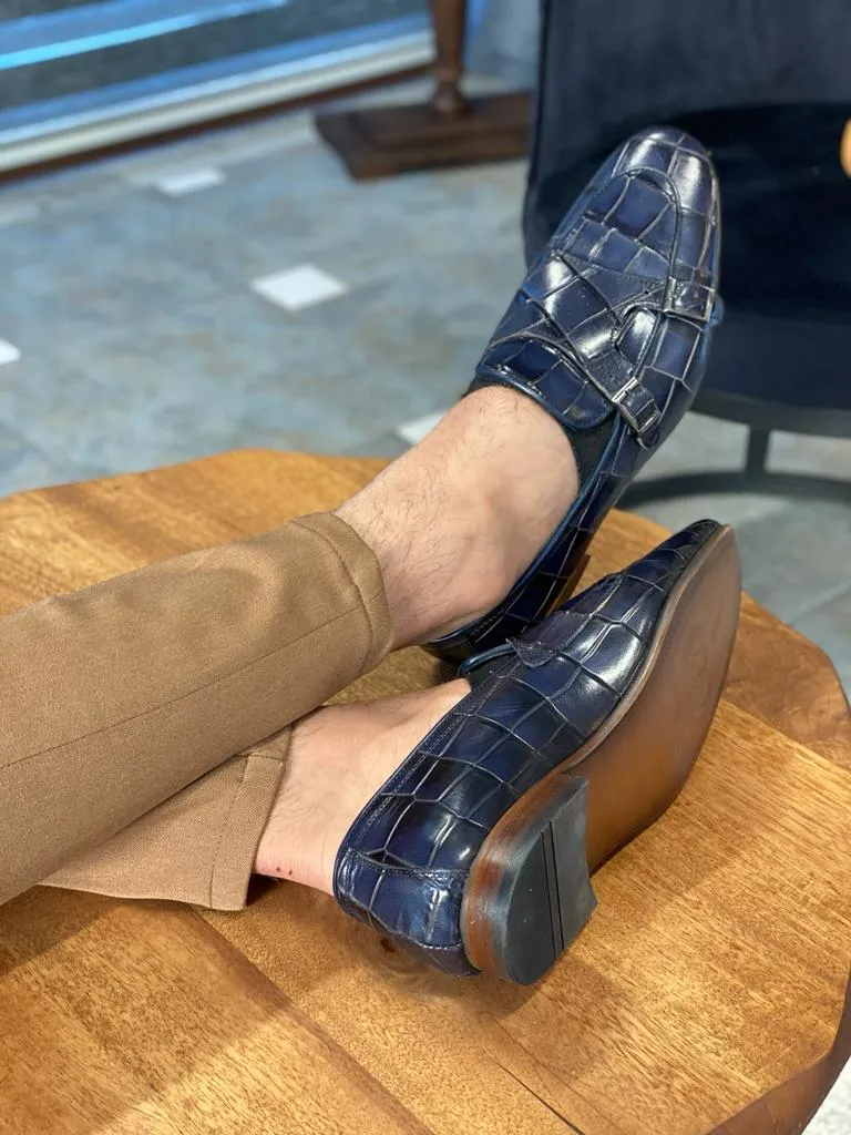 Grant Double Buckled Croc Dark Blue Leather  Loafer