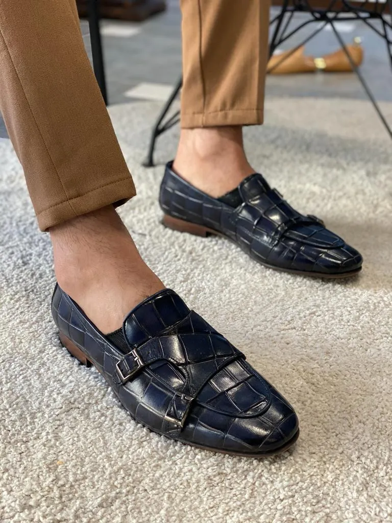 Grant Double Buckled Croc Dark Blue Leather  Loafer