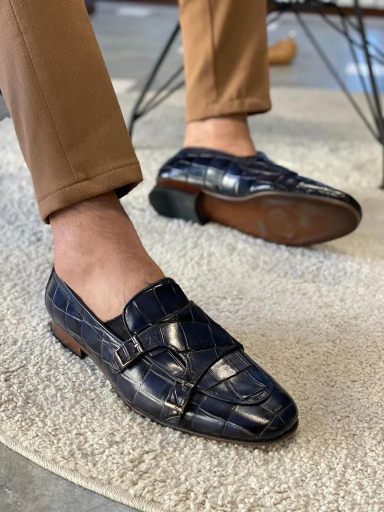Grant Double Buckled Croc Dark Blue Leather  Loafer
