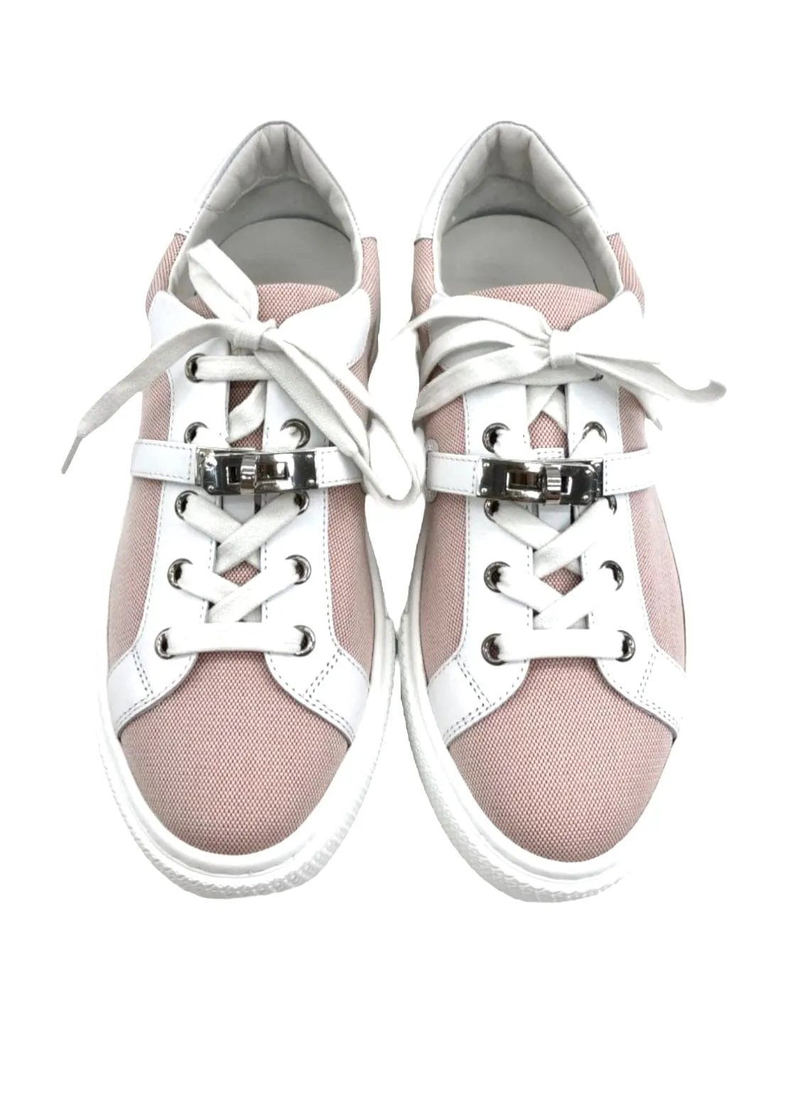 Hermes Day Sneakers Pink Toile / White Swift PHW Size 39.5 SKC1626