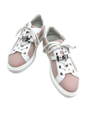 Hermes Day Sneakers Pink Toile / White Swift PHW Size 39.5 SKC1626