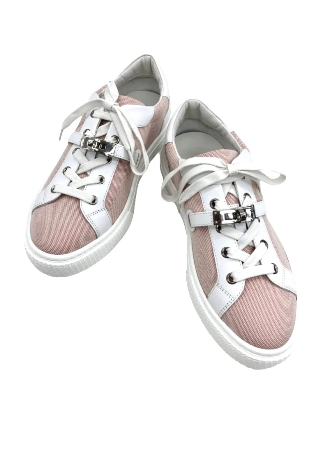 Hermes Day Sneakers Pink Toile / White Swift PHW Size 39.5 SKC1626