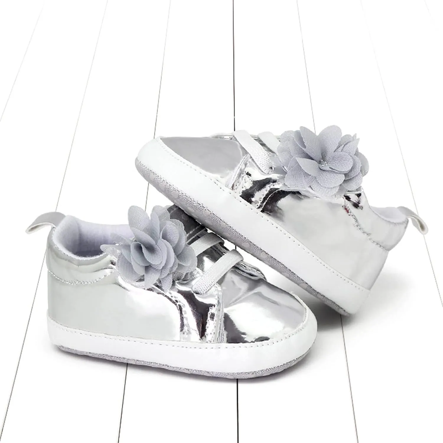 Infant Baby Girls Flower PU Leather Sneakers Toddler Solid Color Soft Sole Anti-Slip Shiny Strap Ankle Dress Shoes