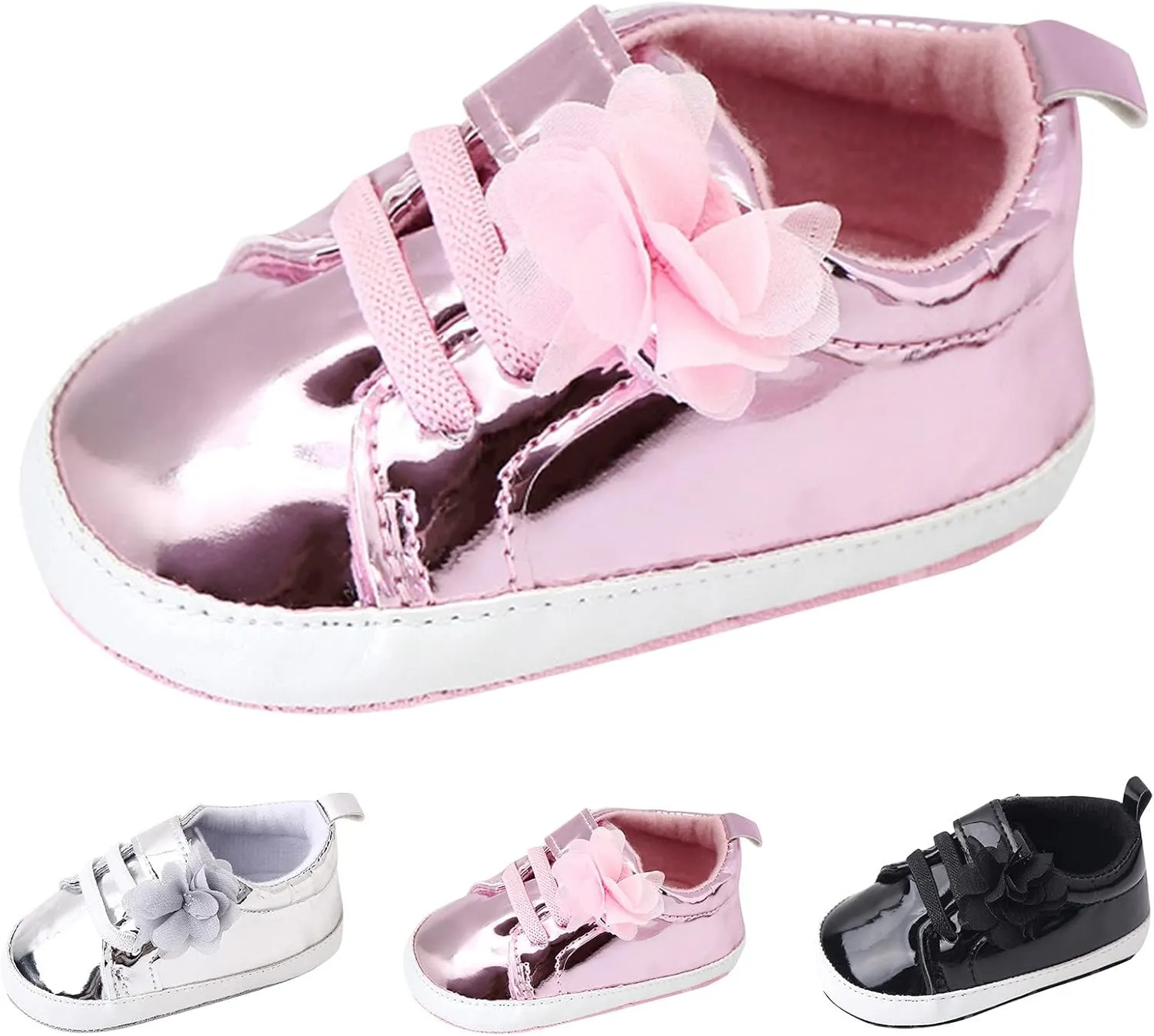 Infant Baby Girls Flower PU Leather Sneakers Toddler Solid Color Soft Sole Anti-Slip Shiny Strap Ankle Dress Shoes
