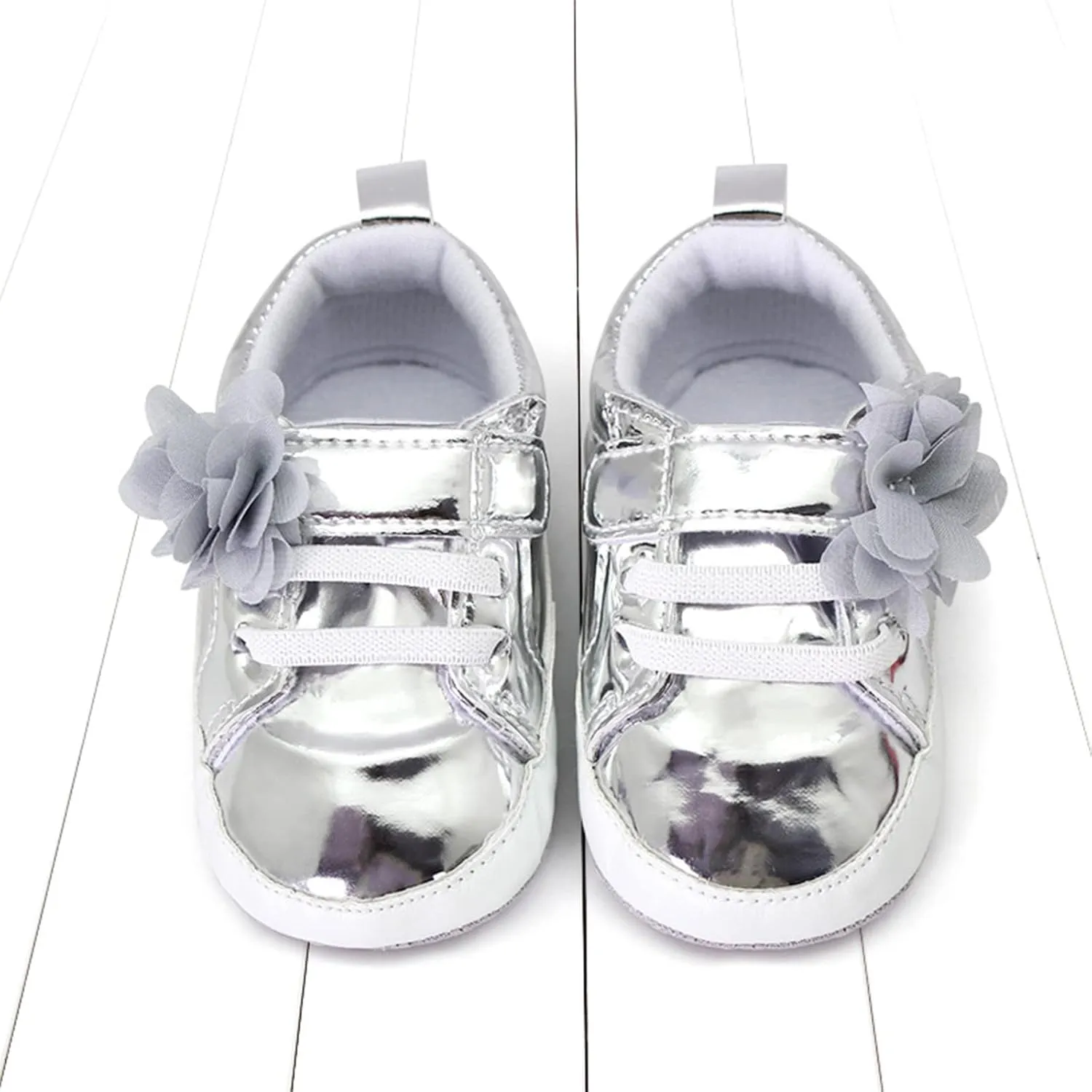 Infant Baby Girls Flower PU Leather Sneakers Toddler Solid Color Soft Sole Anti-Slip Shiny Strap Ankle Dress Shoes
