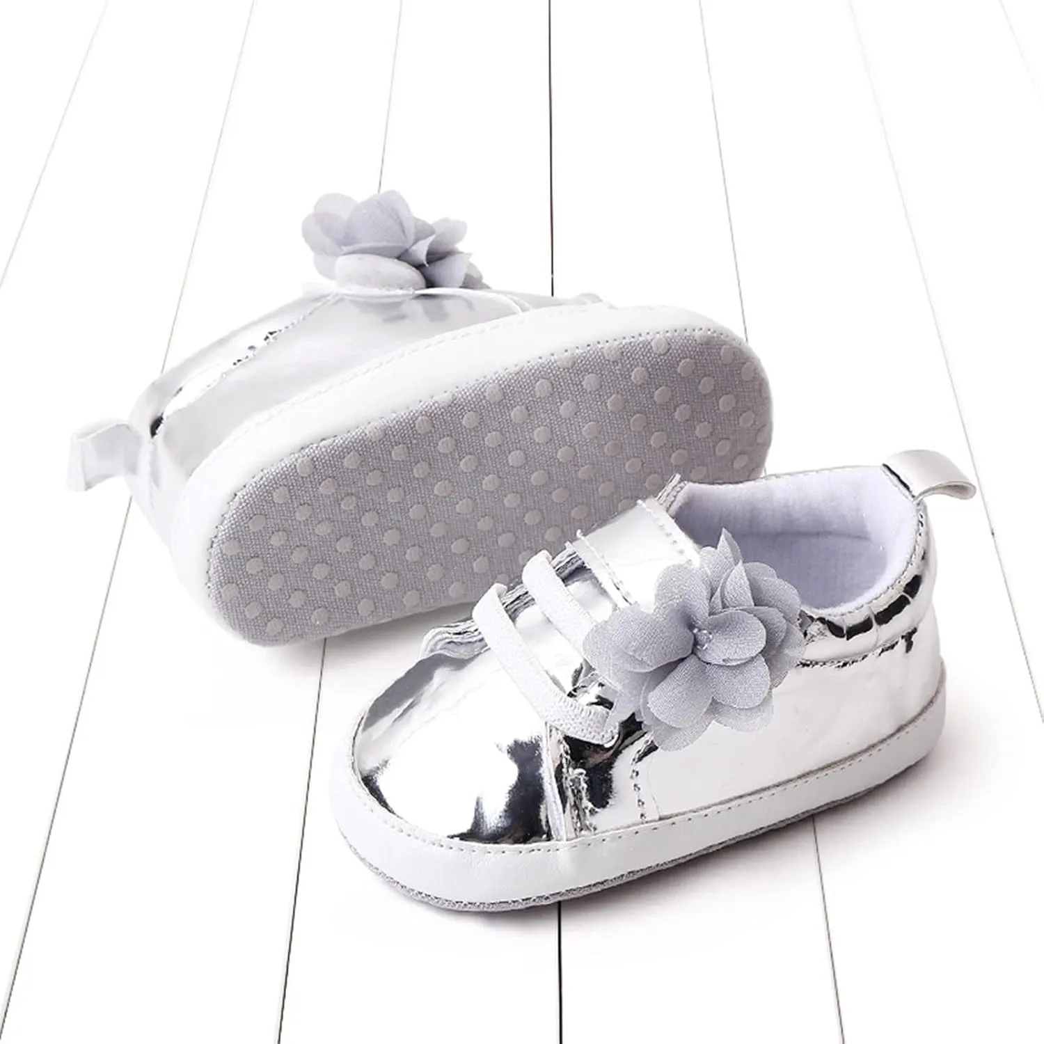 Infant Baby Girls Flower PU Leather Sneakers Toddler Solid Color Soft Sole Anti-Slip Shiny Strap Ankle Dress Shoes