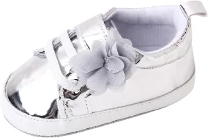 Infant Baby Girls Flower PU Leather Sneakers Toddler Solid Color Soft Sole Anti-Slip Shiny Strap Ankle Dress Shoes