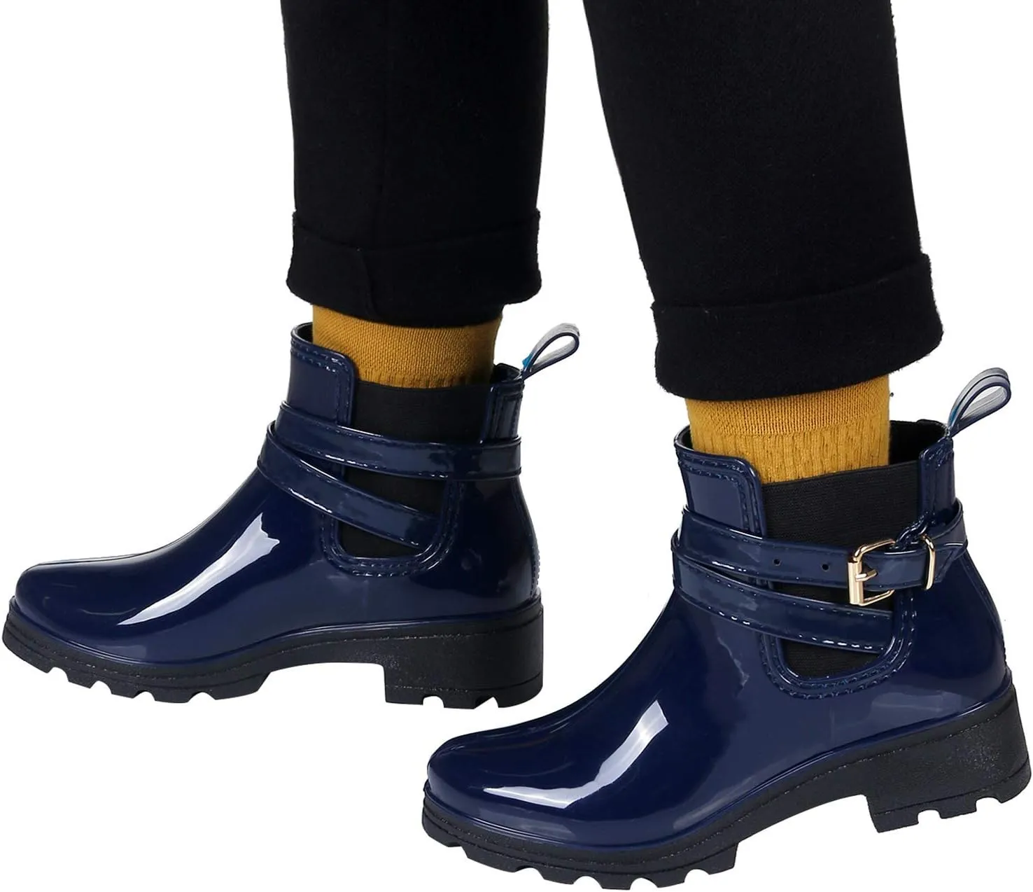 Inornever Rain Boots for Women Slip On Ankle Boots Elastic Short Chelsea Booties Platform Rain Shoes