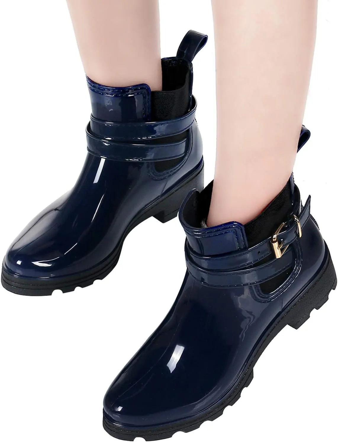 Inornever Rain Boots for Women Slip On Ankle Boots Elastic Short Chelsea Booties Platform Rain Shoes