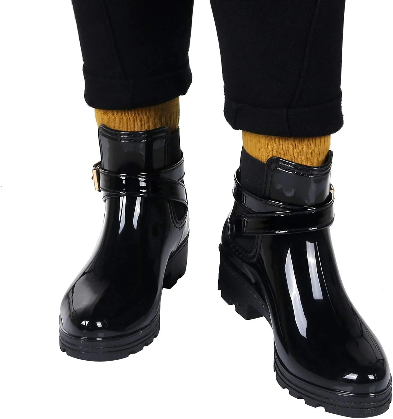 Inornever Rain Boots for Women Slip On Ankle Boots Elastic Short Chelsea Booties Platform Rain Shoes