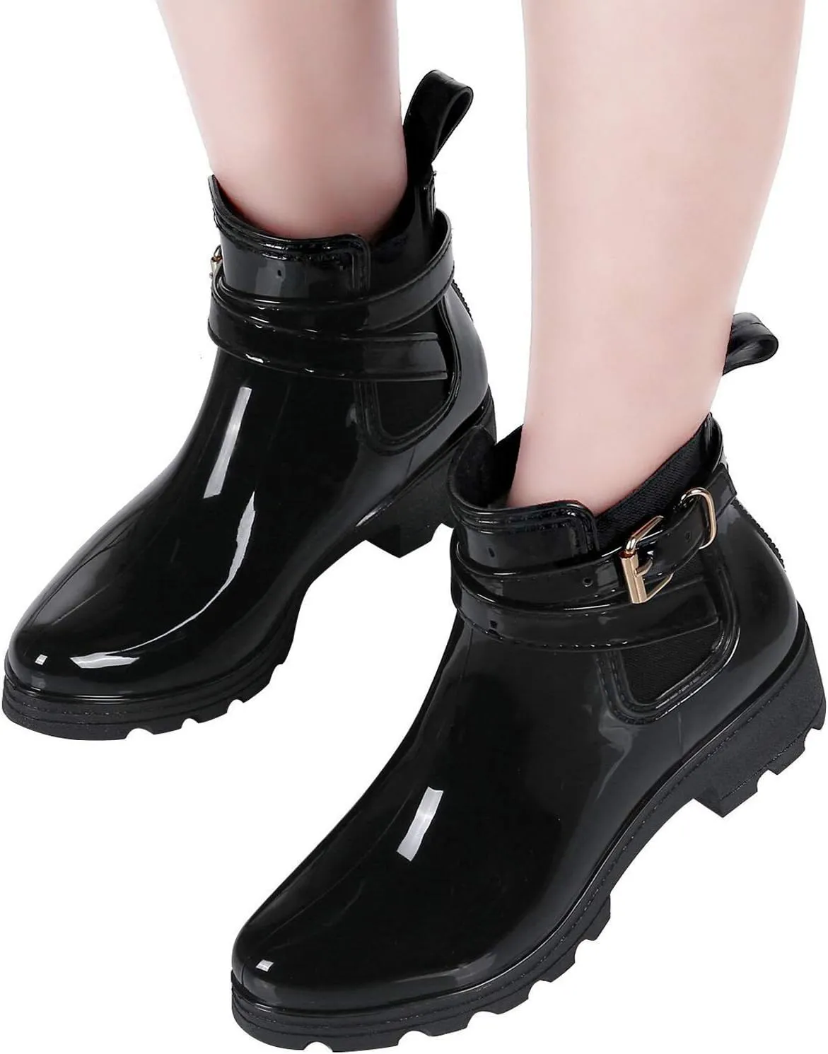 Inornever Rain Boots for Women Slip On Ankle Boots Elastic Short Chelsea Booties Platform Rain Shoes