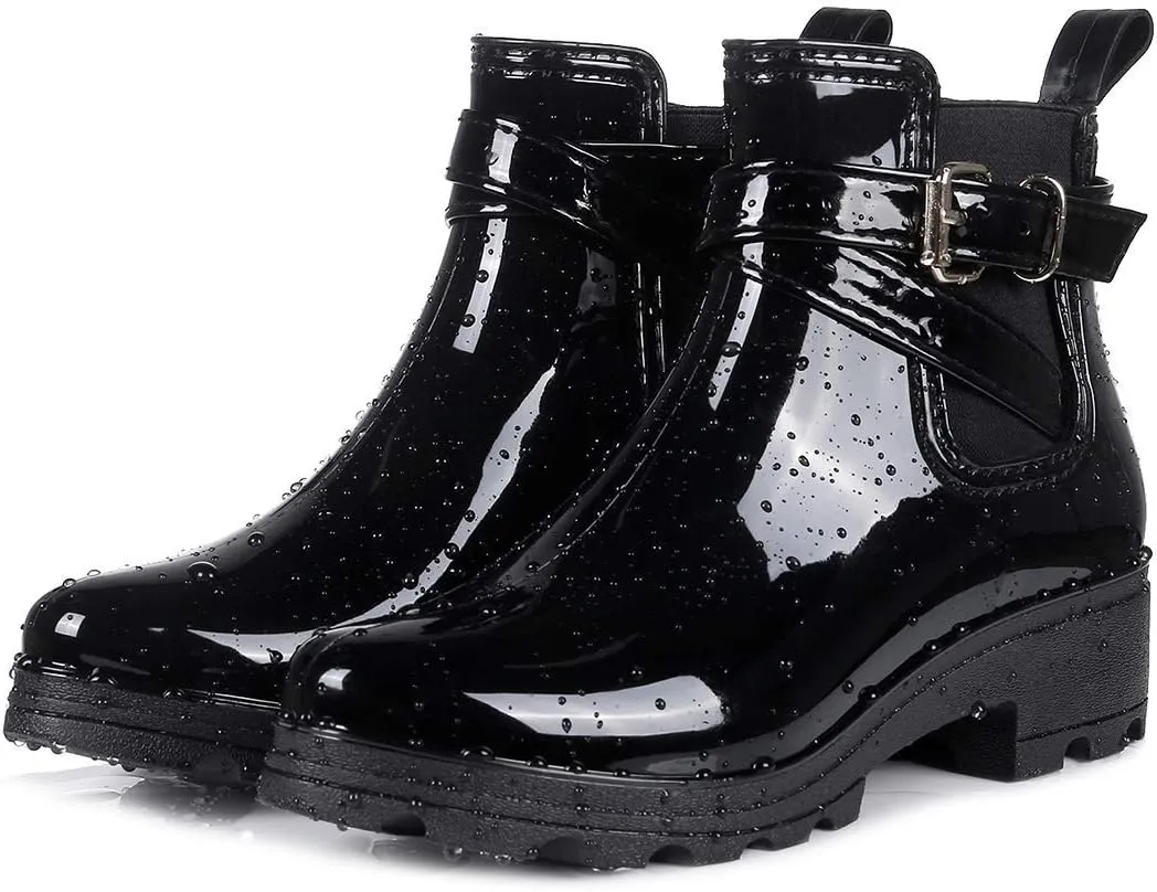 Inornever Rain Boots for Women Slip On Ankle Boots Elastic Short Chelsea Booties Platform Rain Shoes