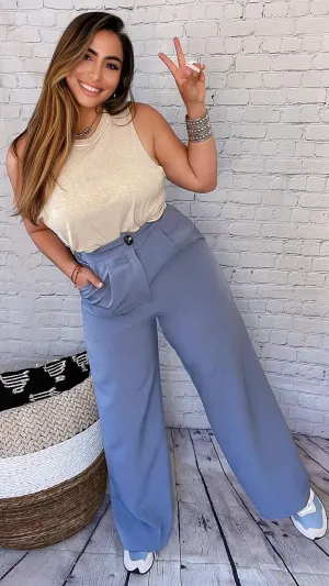 Italian Wide Leg Tailored Pants With Button