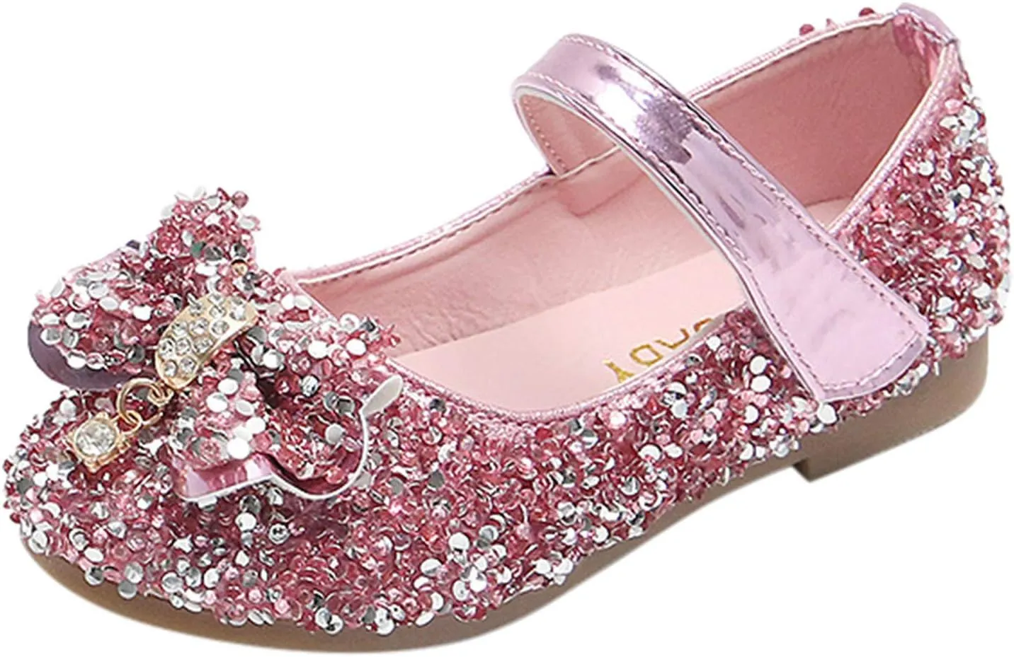 Kids Girls Bow Sequins Sandals with Strap Ankle Closed Toe Low Heel Dance Shoes Fancy Pageant Party Shoes