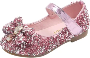 Kids Girls Bow Sequins Sandals with Strap Ankle Closed Toe Low Heel Dance Shoes Fancy Pageant Party Shoes