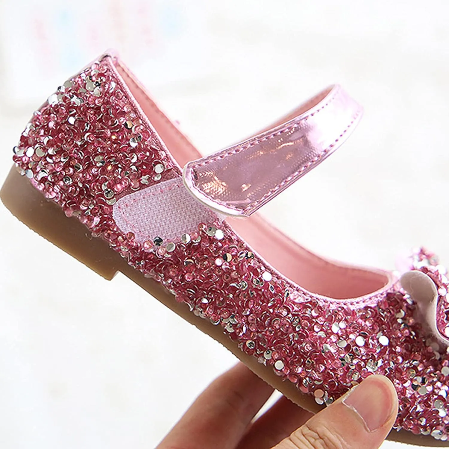 Kids Girls Bow Sequins Sandals with Strap Ankle Closed Toe Low Heel Dance Shoes Fancy Pageant Party Shoes