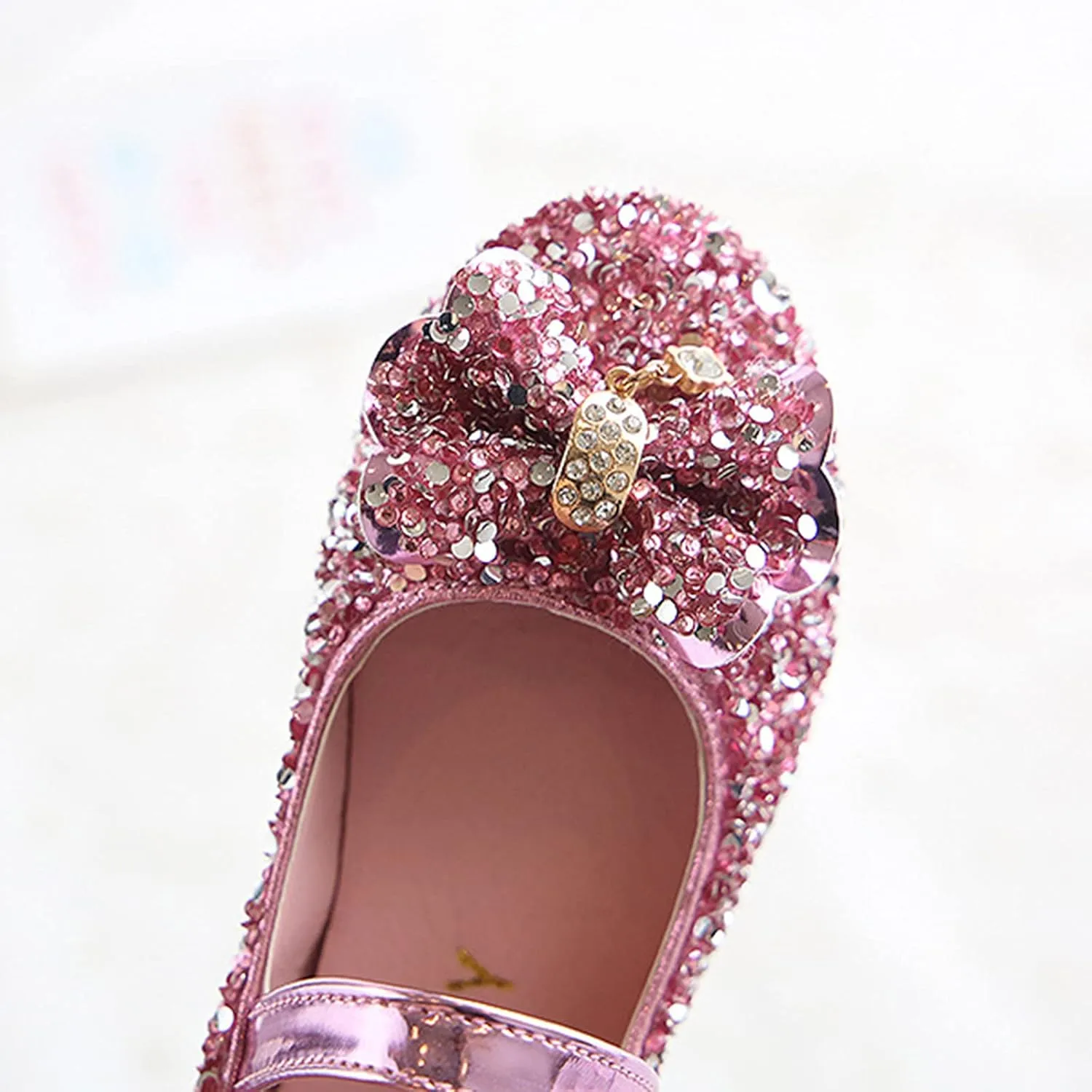 Kids Girls Bow Sequins Sandals with Strap Ankle Closed Toe Low Heel Dance Shoes Fancy Pageant Party Shoes