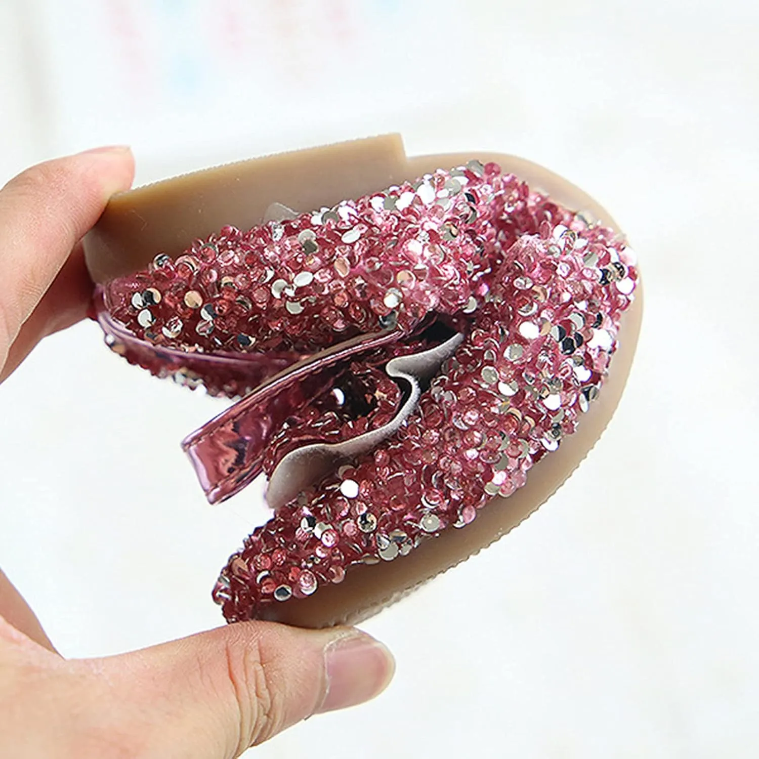 Kids Girls Bow Sequins Sandals with Strap Ankle Closed Toe Low Heel Dance Shoes Fancy Pageant Party Shoes