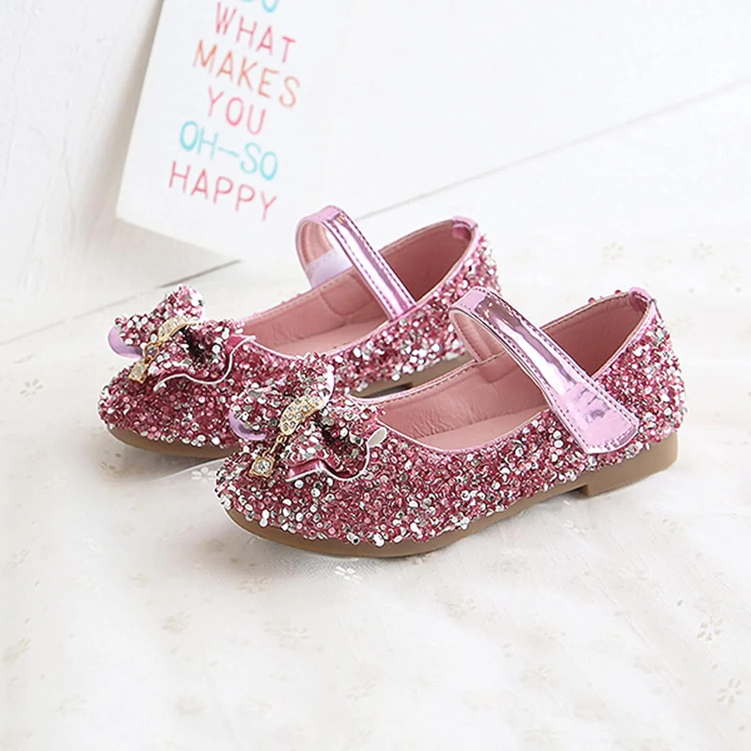 Kids Girls Bow Sequins Sandals with Strap Ankle Closed Toe Low Heel Dance Shoes Fancy Pageant Party Shoes