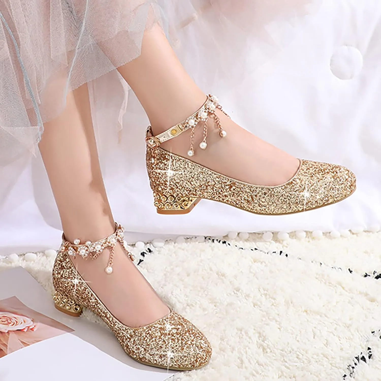 Little Kid Girls Dress Pumps Glitter Shoes Sequins Princess Low Heels Mary Jane Dance Wedding hinestones Sandals