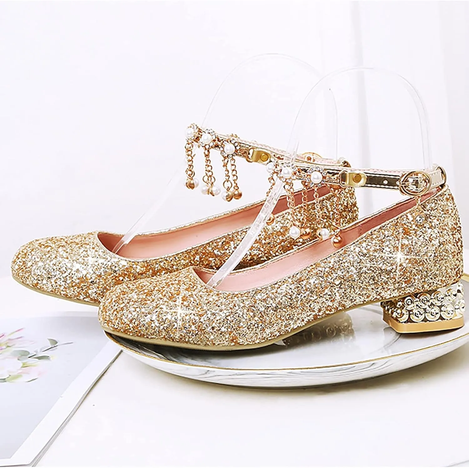 Little Kid Girls Dress Pumps Glitter Shoes Sequins Princess Low Heels Mary Jane Dance Wedding hinestones Sandals