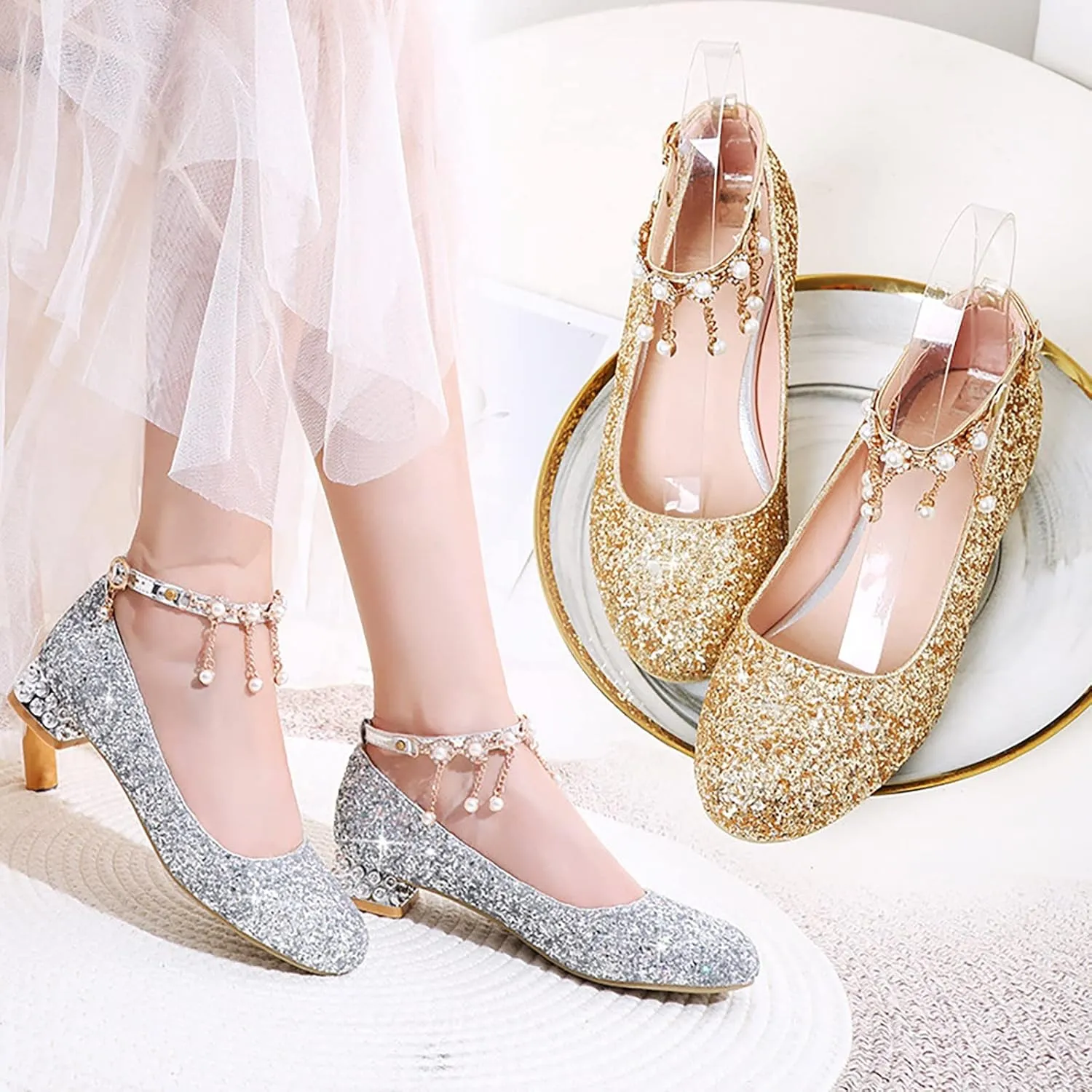 Little Kid Girls Dress Pumps Glitter Shoes Sequins Princess Low Heels Mary Jane Dance Wedding hinestones Sandals