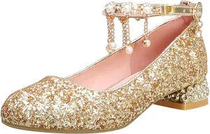 Little Kid Girls Dress Pumps Glitter Shoes Sequins Princess Low Heels Mary Jane Dance Wedding hinestones Sandals