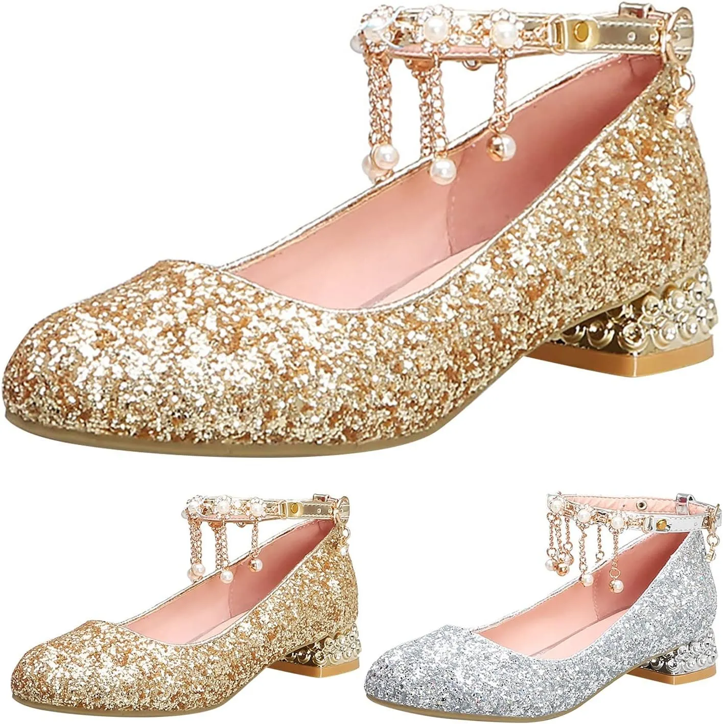 Little Kid Girls Dress Pumps Glitter Shoes Sequins Princess Low Heels Mary Jane Dance Wedding hinestones Sandals