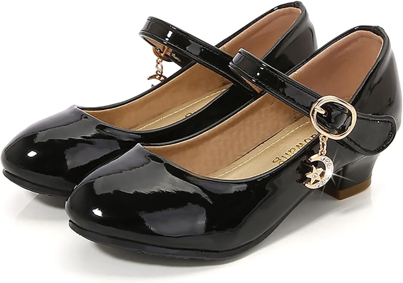 Mary Jane Heels Shoes for Girls Low Heel Dress Shoes Flower Kids School Patent Leather Faux Shoes for Wedding Party