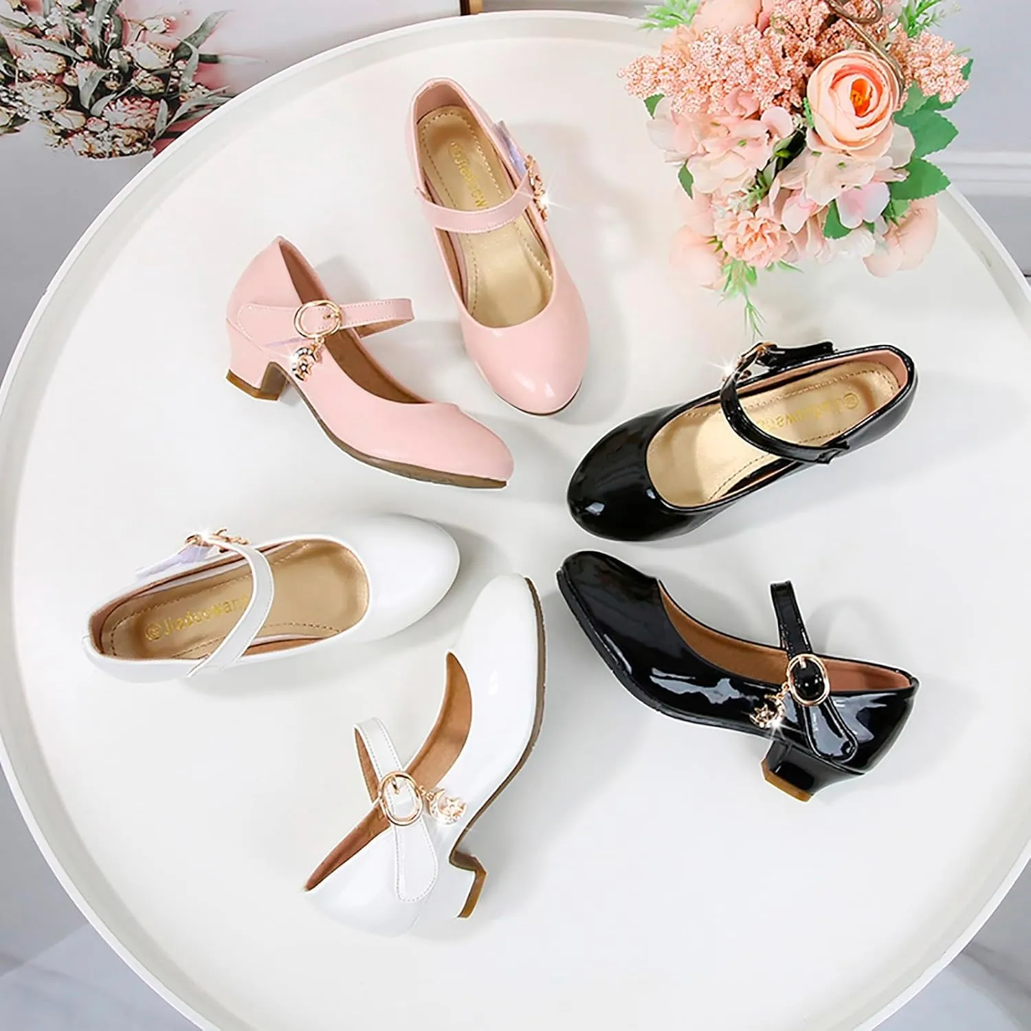 Mary Jane Heels Shoes for Girls Low Heel Dress Shoes Flower Kids School Patent Leather Faux Shoes for Wedding Party
