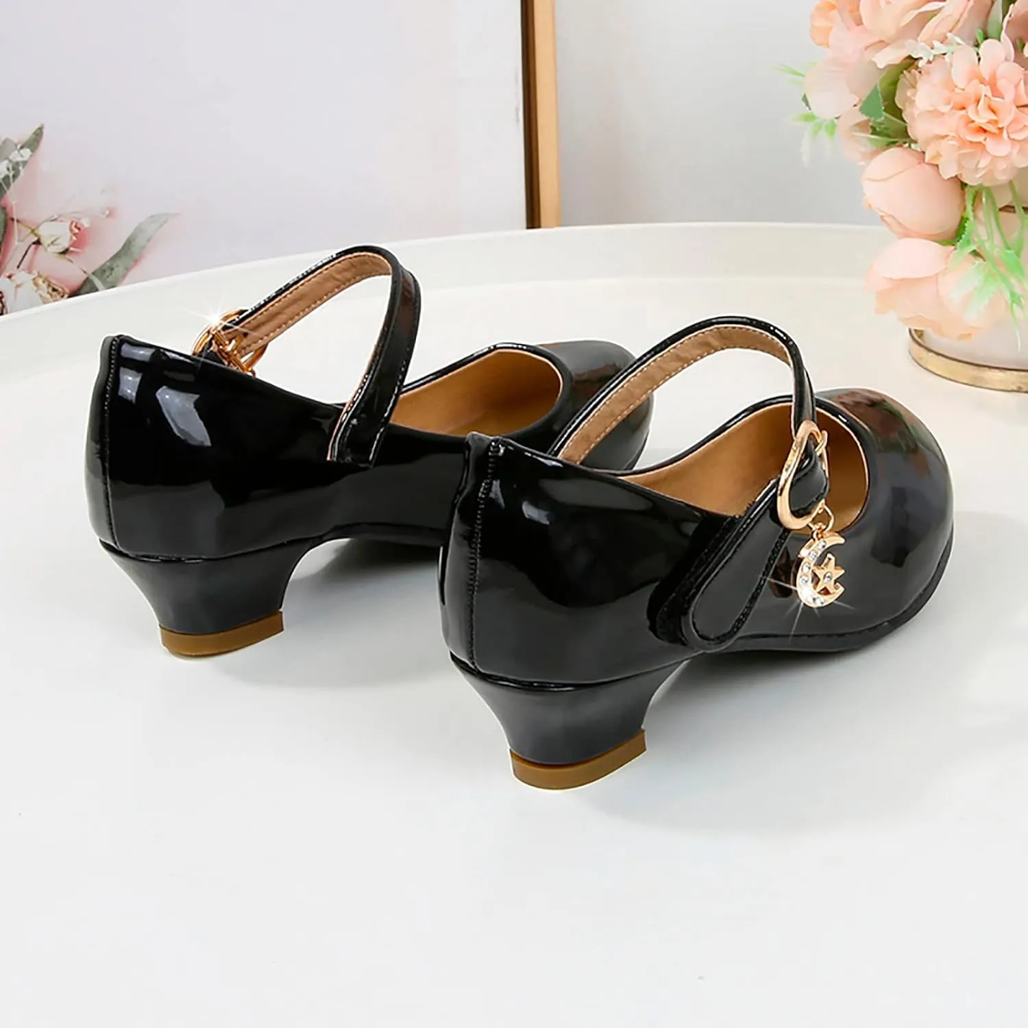 Mary Jane Heels Shoes for Girls Low Heel Dress Shoes Flower Kids School Patent Leather Faux Shoes for Wedding Party