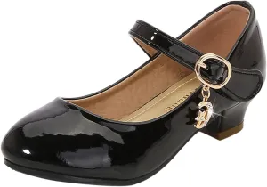 Mary Jane Heels Shoes for Girls Low Heel Dress Shoes Flower Kids School Patent Leather Faux Shoes for Wedding Party