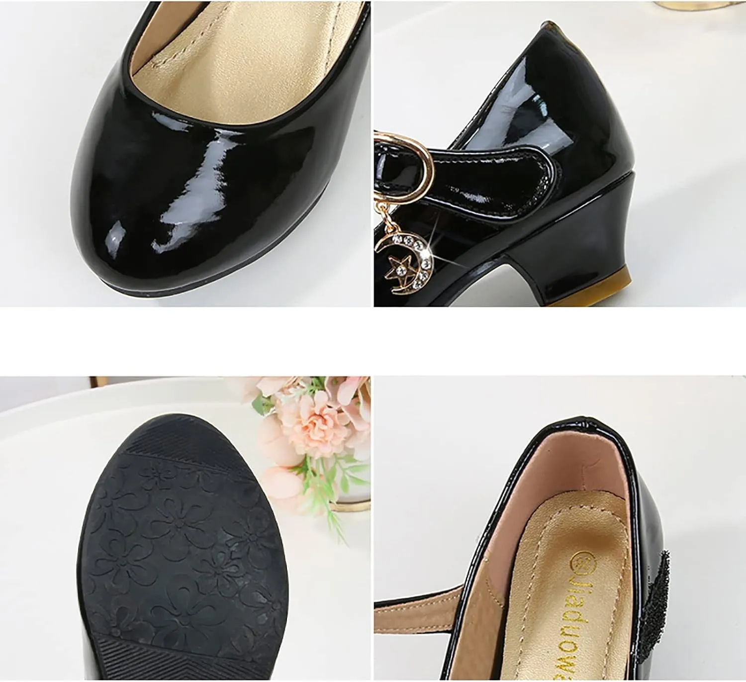 Mary Jane Heels Shoes for Girls Low Heel Dress Shoes Flower Kids School Patent Leather Faux Shoes for Wedding Party
