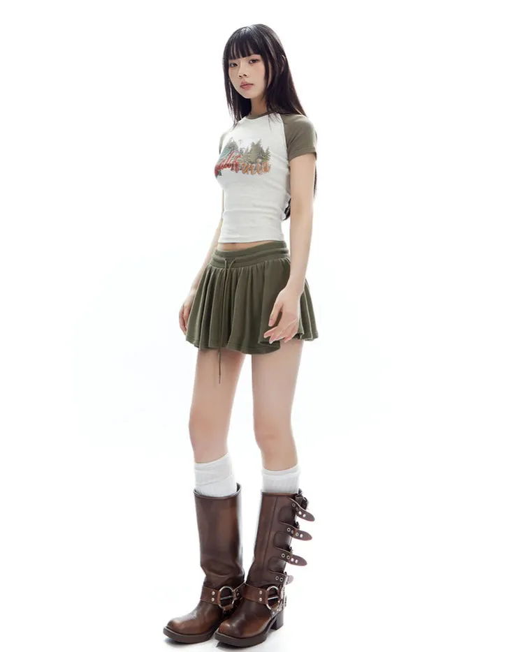 Pleated Jersey Mini Skirt with Drawstring Waist
