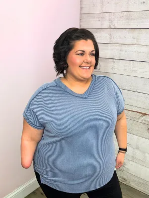 "Graceful Moment" Solid Blue Ribbed Top