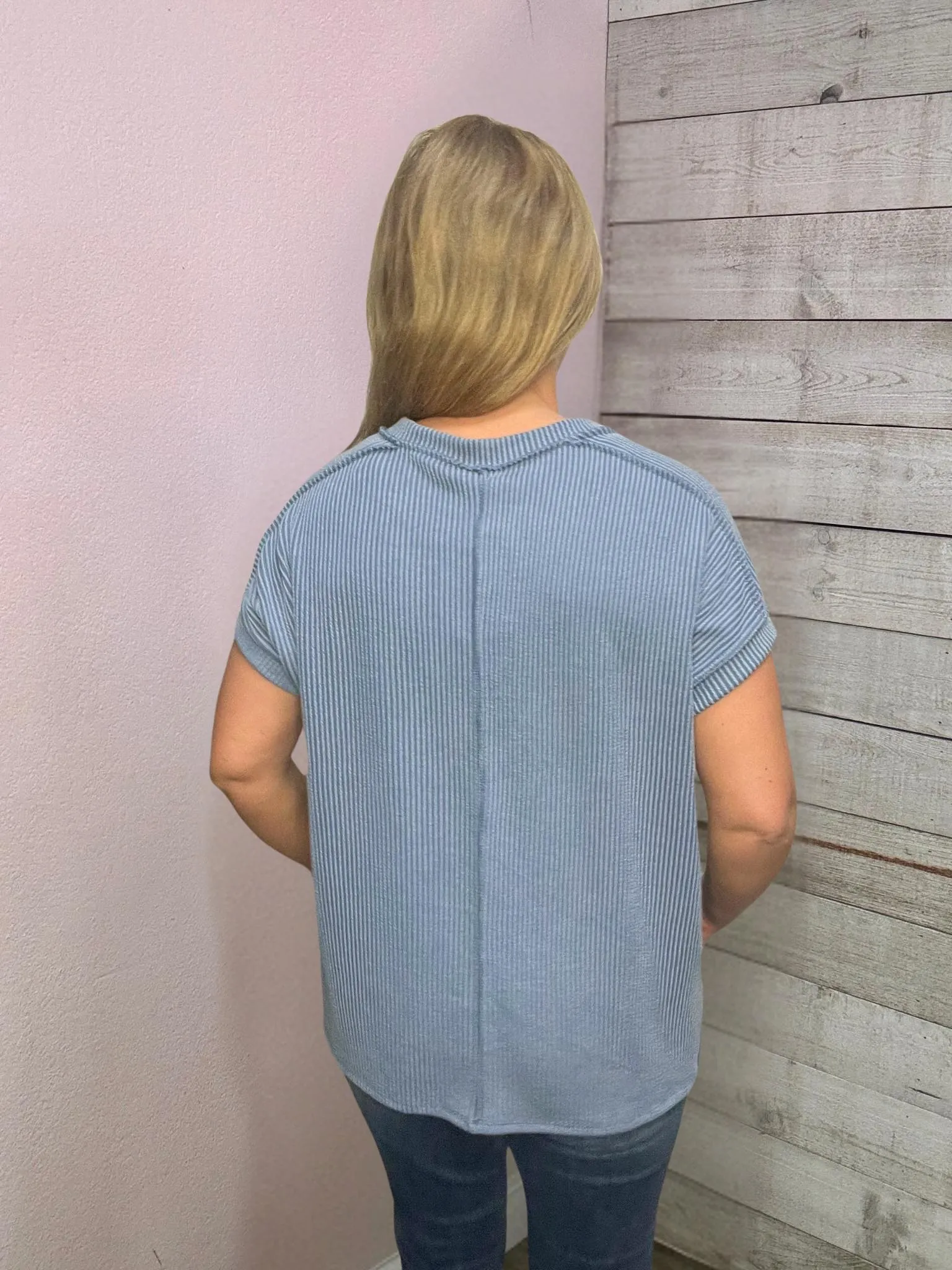"Graceful Moment" Solid Blue Ribbed Top