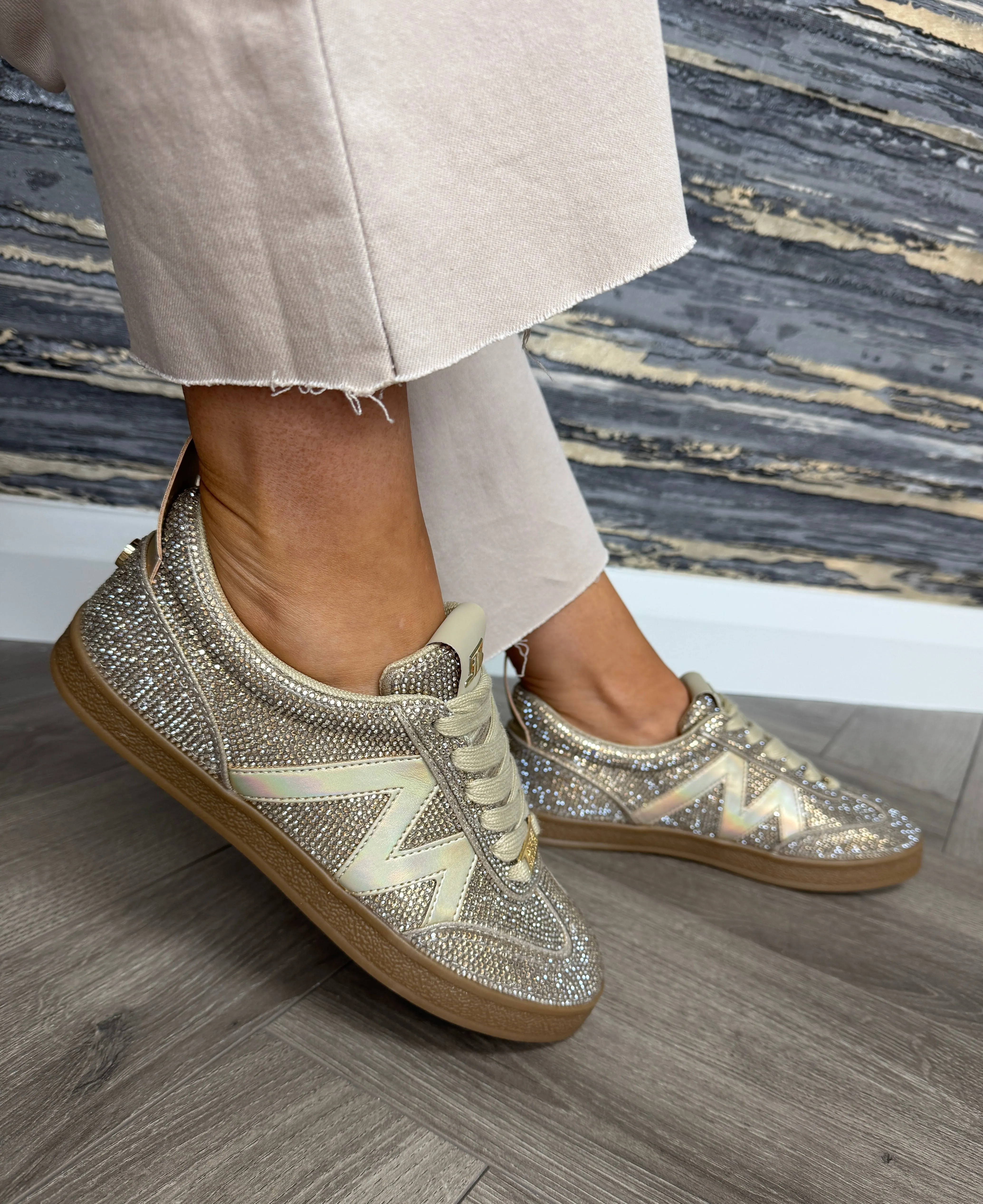 Steve Madden (SM19) Diamanté Gum Sole Trainer with Holographic Logo ‘Degree-R’ - Rose Gold