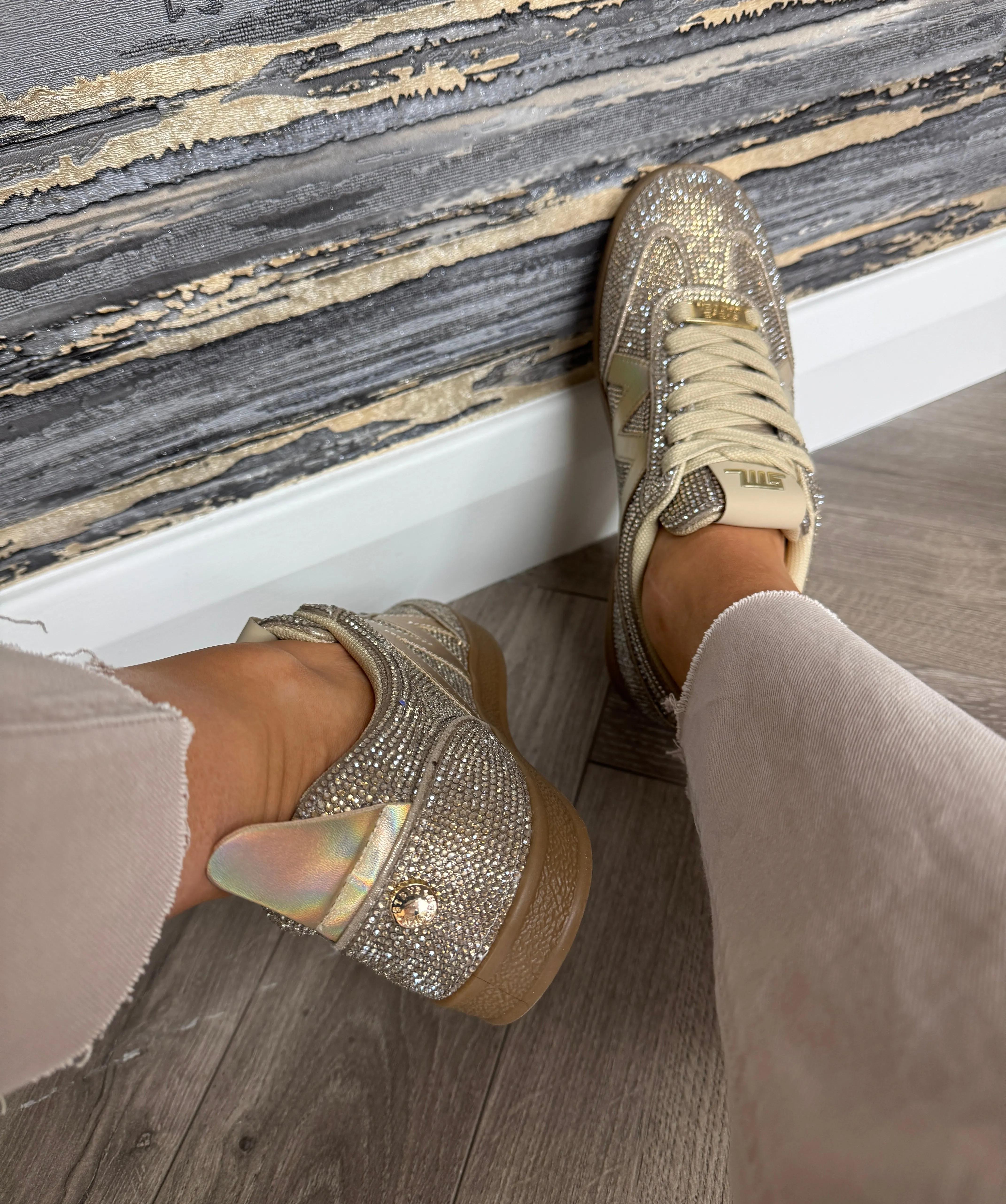 Steve Madden (SM19) Diamanté Gum Sole Trainer with Holographic Logo ‘Degree-R’ - Rose Gold
